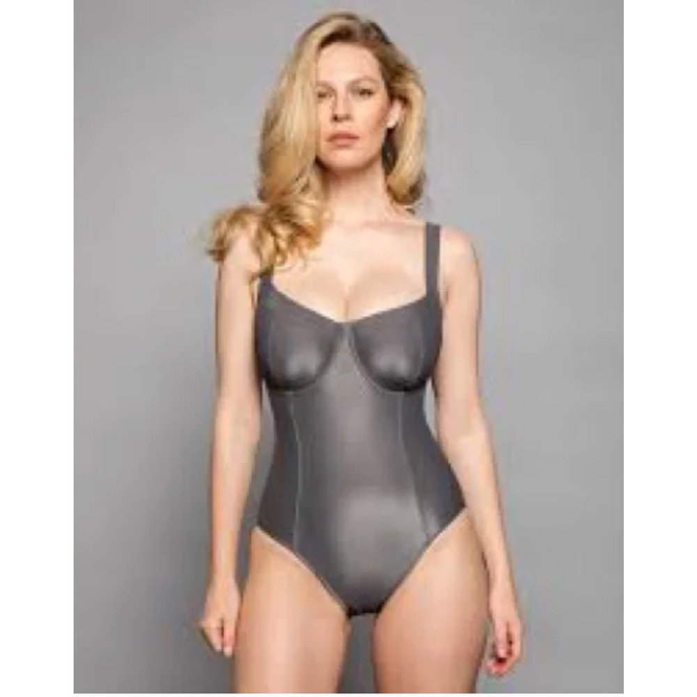 NEW TA3 Lifty Pewter Silver Underwire Corset One Piece Swimsuit Size L Short B/C